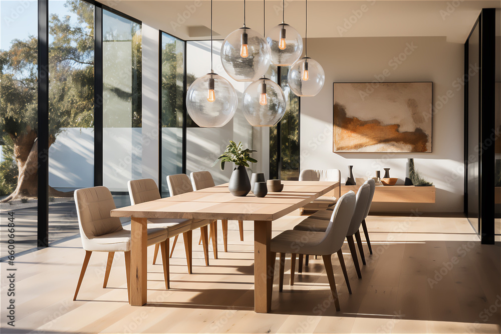 Minimalist Dining Area. A minimalist dining room with a sleek table, modern chairs, and pendant lighting, demonstrating how simplicity enhances the dining experience - obrazy, fototapety, plakaty 