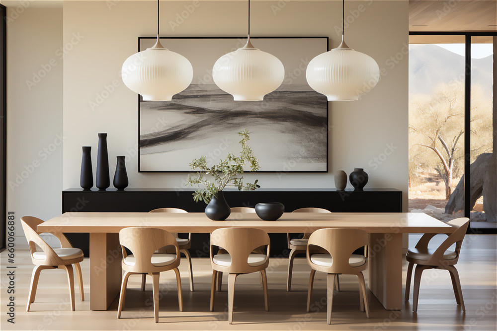 Minimalist Dining Area. A minimalist dining room with a sleek table, modern chairs, and pendant lighting, demonstrating how simplicity enhances the dining experience Minimalist Dining Area. A minimalist dining room with a sleek table, modern chairs, and pendant lighting, demonstrating how simplicity enhances the dining experience