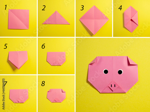 Step by step photo instruction how to make origami paper pig. Simple diy kids children's concept.