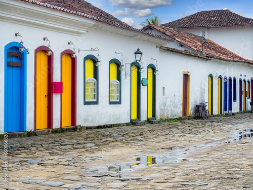 Street of historical center in Paraty, Rio de Janeiro, Brazil. Paraty is a preserved Portuguese colonial and Brazilian Imperial municipality
