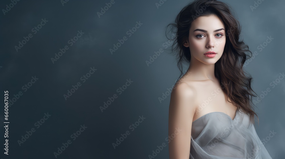 Portrait of a woman with black hair with copy space - generative ai Portrait of a woman with black hair with copy space - generative ai
