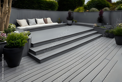 Composite decking in ash grey with three levels deck lights, minimalist sofa and ideal for a landscape gardener photo