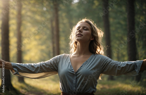 beautiful woman in the forest breathing fresh air with outstretched arms