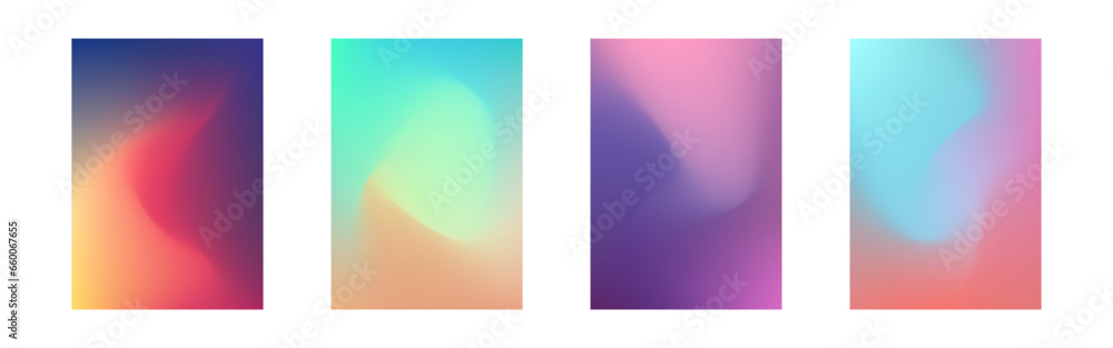 Cover gradient set. Color A4 design. Multicolor poster template. Fluid banner collection. Bright mesh for brochure or flyer. Vibrant dynamic layouts. Vector illustration