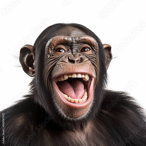 Happy laughing chimpanzee isolated on white, funny animal portrait.  © BackgroundHolic
