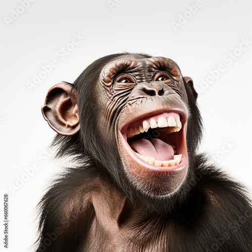 Happy laughing chimpanzee isolated on white, funny animal portrait. 
