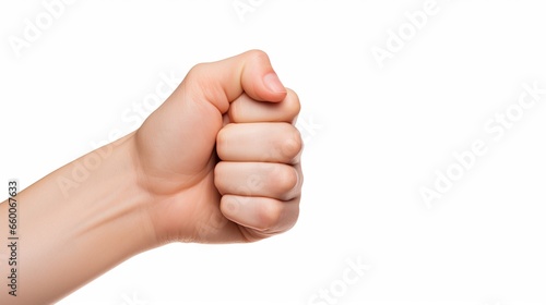 woman hand fist gesture isolated on white background, horizontal.