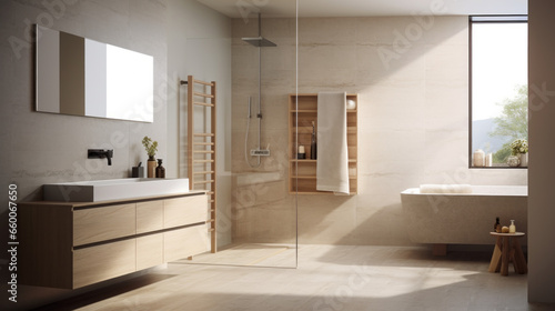 Bathroom with a floating vanity and a rainfall showerhead and a built-in mirror