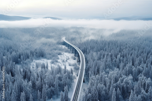 Aerial view of passenger train over railroad bridge and beautiful snowy forest in winter. Winter landscape in mountains with railroad, moving train, foggy trees. Top view. Railway station photo