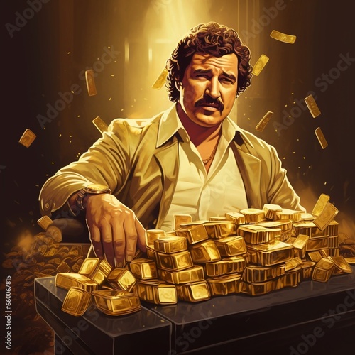 man playing with gold bars, pablo escobar photo