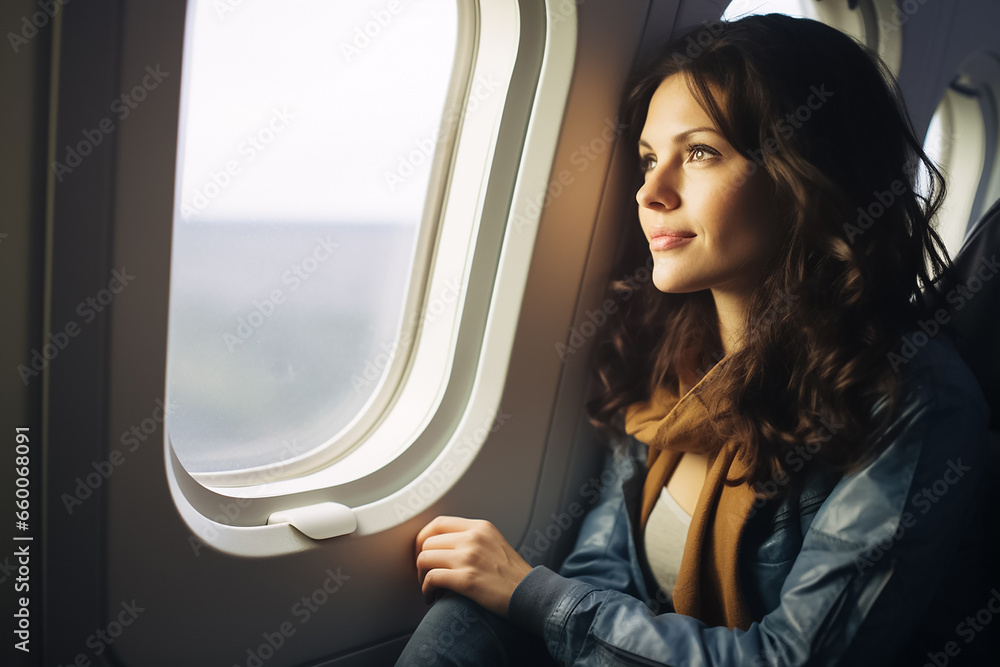 Φωτογραφία The portrait of a lonely female traveler sitting in an airplane seat while looks at the view outside the small window, Generative AI