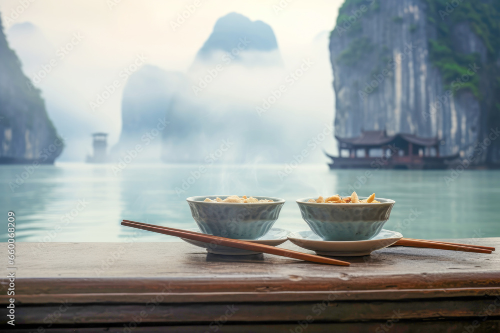 A bowl of steaming Pho Bo noodle soup placed on a table with a serene sea view in the background, creating a picturesque scene that blends culinary delight with natural beauty. A bowl of steaming Pho Bo noodle soup placed on a table with a serene sea view in the background, creating a picturesque scene that blends culinary delight with natural beauty.