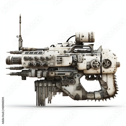 retrofuturistic postapocalyptic Assault Riffle full view from side white background photorealistic high density of details object rendering 