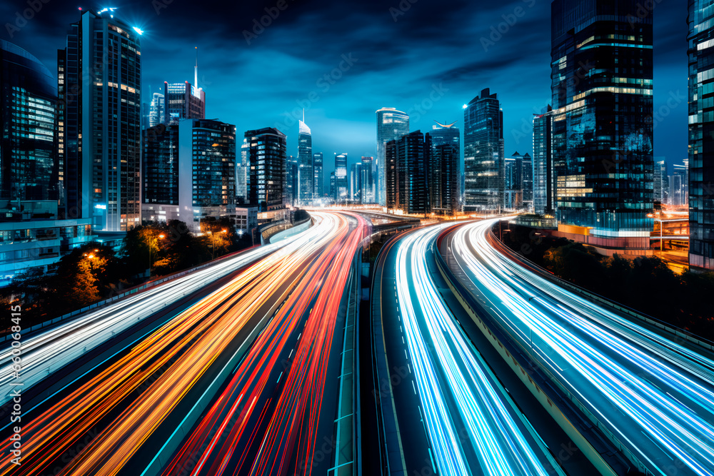 Long-exposure photograph capturing a bustling highway or main street in a contemporary or futuristic urban setting.