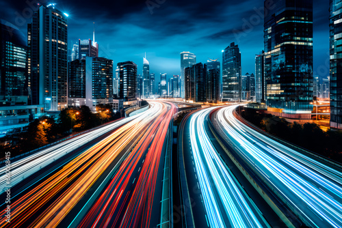 Long-exposure photograph capturing a bustling highway or main street in a contemporary or futuristic urban setting.