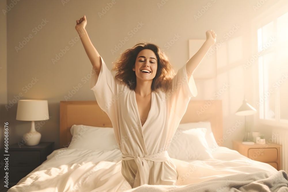 Young woman stretches after waking up. Young woman stretches after waking up.