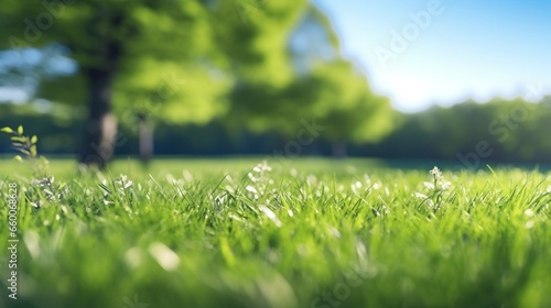 A nicely groomed grass is surrounded by trees in this lovely blurred background of springtime nature on a sunny day with a cloudy blue sky.