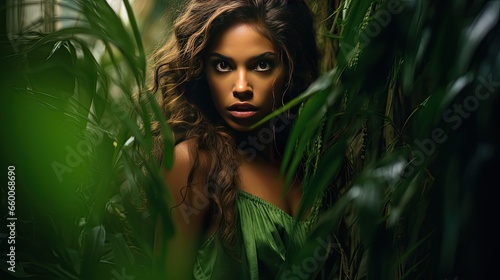 Model with a fierce expression  surrounded by dense tropical foliage. Focus on the raw emotion and vibrant green hues
