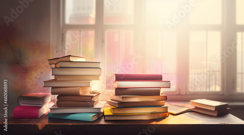 A pile of books sitting on a table against a window