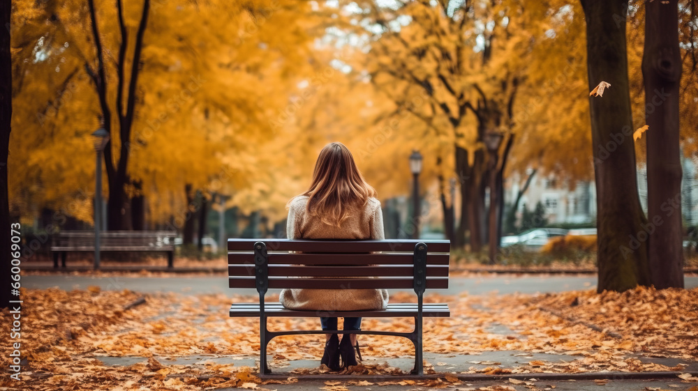 Back view of a young woman sitting on a bench in the park at autumn