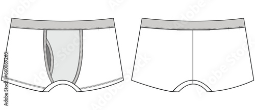 Men's boxer brief underwear front and back view flat sketch fashion illustration, Gents trunk under garments vector template