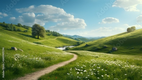 a serene setting with lush hills in the spring. The idea of travel, tourism, or exploring is represented by a country road running across the lush grass.