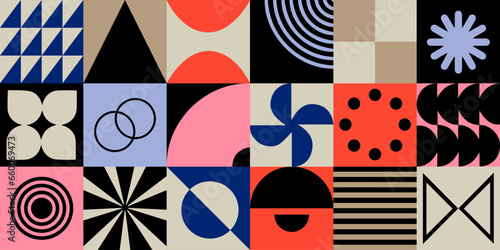 Geometric bauhaus mosaic seamless pattern. Abstract vector for web banner, business presentation, branding, card, invitation, poster, cover, textile print.