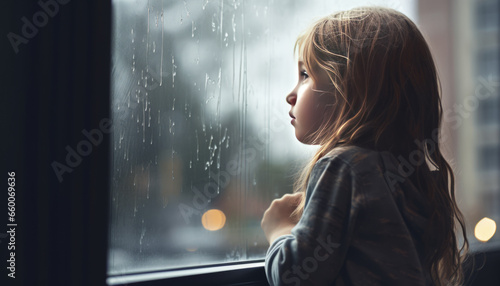 Sad child silhouette, rain, deep thoughts, loneliness, longing, fear. Palpable sadness photo