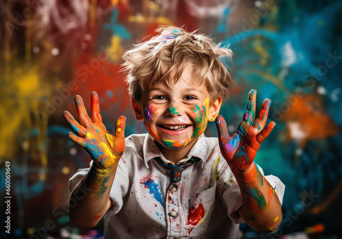 Portrait of a happy child, who plays with paint and shows his very dirty hands. AI generated