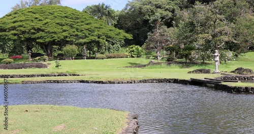 Hilo Hawaii Japanese Gardens Liliuokalani park arched . Big Island. Liliʻuokalani Park and Gardens, Hilo. Largest Japanese garden park outside of Japan. Ponds, bridges, pagodas, statues and teahouse.. photo