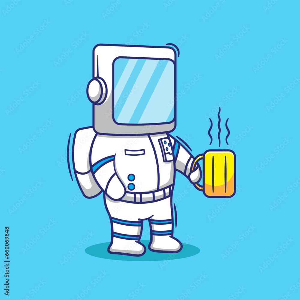 Flat vector astronaut drink coffee cartoon mascot illustration. science and technology concept