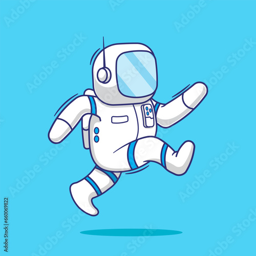 Cute astronaut jump cartoon vector icon mascot illustration. futuristic technology character concept.