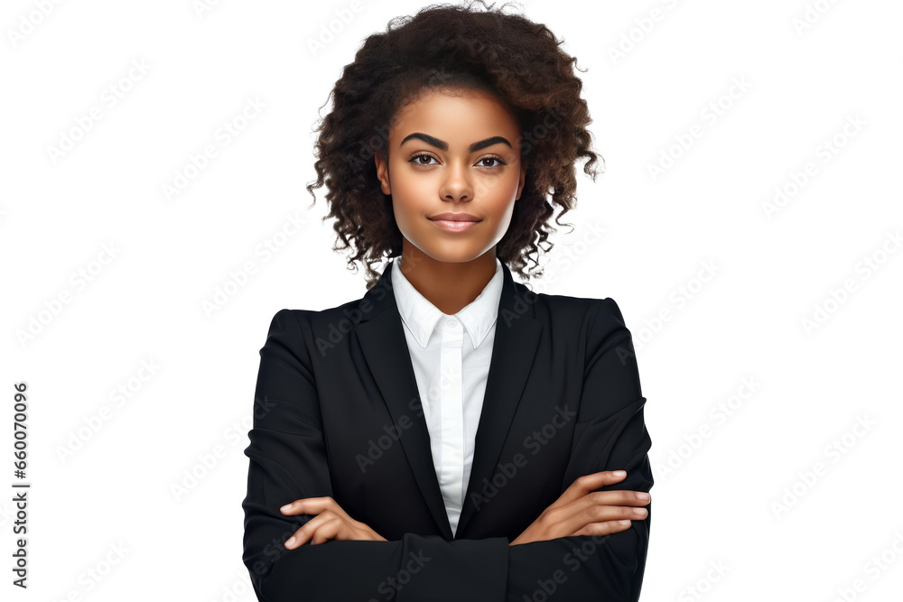 cute african american business woman in black suit and cross arms on ...
