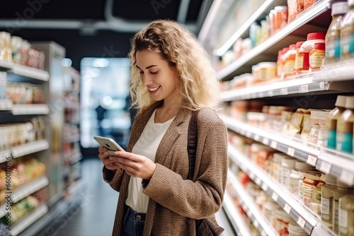 Young Caucasian blonde woman with smartphone in grocery store. She checks the list of necessary purchases.