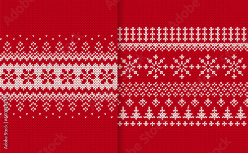 Christmas knitted print with tree and snowflakes. Xmas geometric border. Sweater red background. Holiday knit seamless pattern. Fair isle traditional texture. Festive winter ornament. Vector.