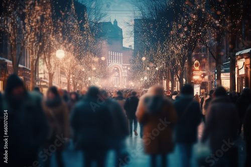 A blurry crowd of unrecognizable people on a winter christmas street. crowd of people in a shopping street. Christmas Holidays.