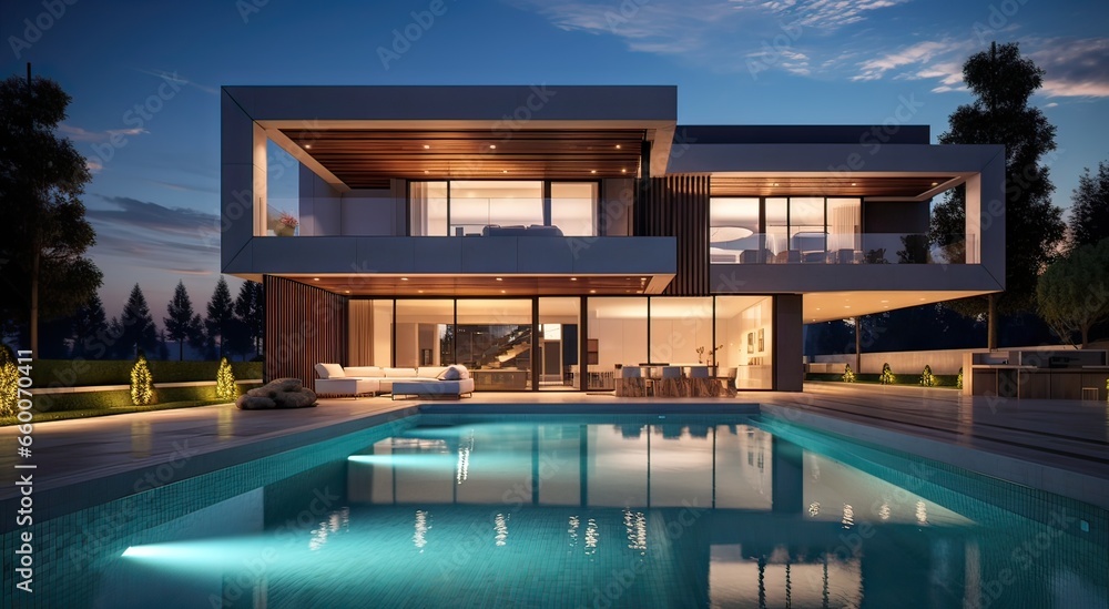 minimalist villa with swimming pool of modern architecture at sunset