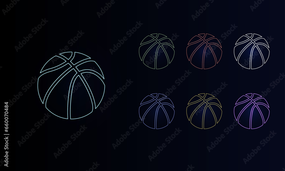 A set of neon basketball symbols. Set of different color symbols, faint neon glow. Vector illustration on black background A set of neon basketball symbols. Set of different color symbols, faint neon glow. Vector illustration on black background