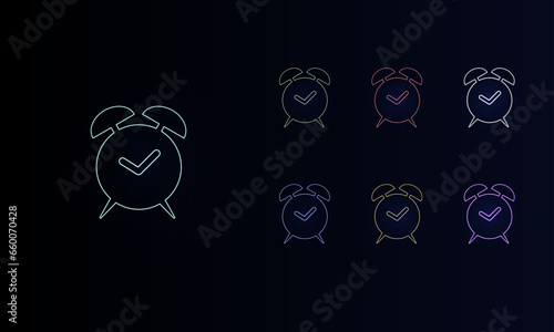 A set of neon alarm clock symbols. Set of different color symbols, faint neon glow. Vector illustration on black background