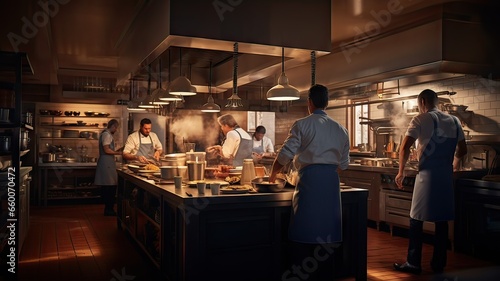 restaurant kitchen  all the chefs creating the best dishes  food concept