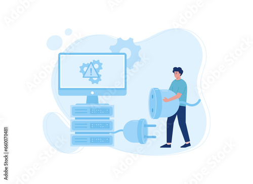 Lost wireless connection or disconnected cable, maintenance system on  computer screen display concept flat illustration
