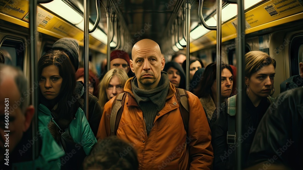 bald white man with serious attitude in subway crowd, transport concept