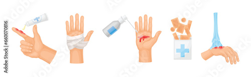 Hands with Injured Skin and Wound First Aid Vector Set