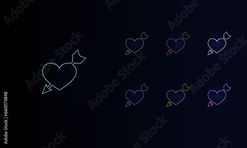 A set of neon cupid arrow symbols. Set of different color symbols, faint neon glow. Vector illustration on black background