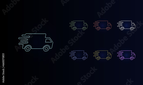 A set of neon delivery symbols. Set of different color symbols, faint neon glow. Vector illustration on black background