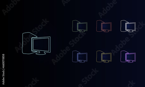 A set of neon desktop symbols. Set of different color symbols, faint neon glow. Vector illustration on black background