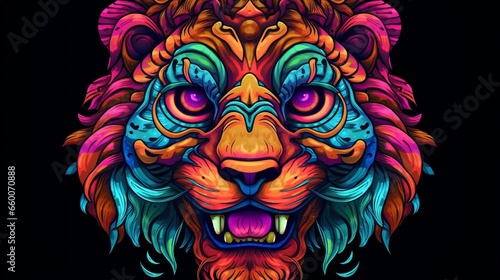 psychedelic tiger head line drawing frontal psytrance.Generative AI