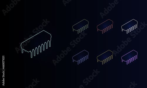 A set of neon integrated circuit symbols. Set of different color symbols, faint neon glow. Vector illustration on black background