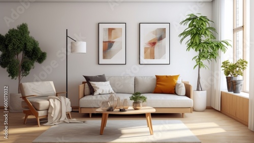Living room decor, home interior design . Modern Minimalist style with Sofa decorated with Leather and Wood material . Generative AI AIG26. © Summit Art Creations