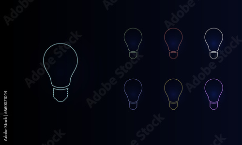 A set of neon lamp symbols. Set of different color symbols, faint neon glow. Vector illustration on black background